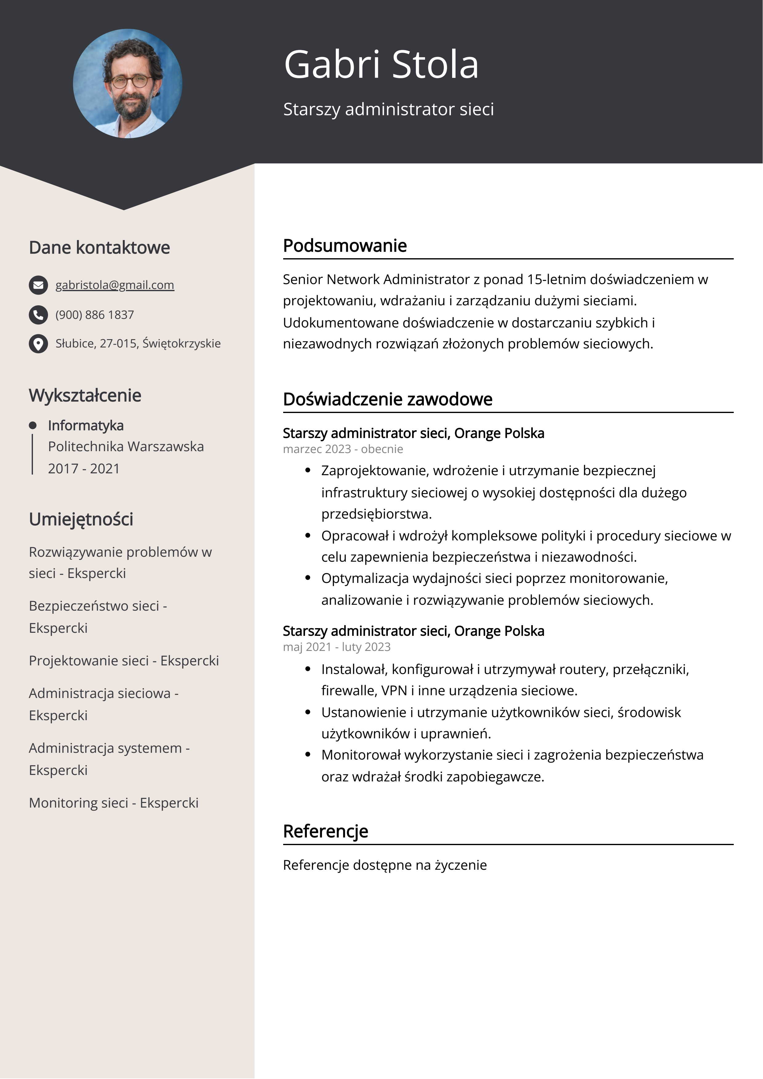 Starszy administrator sieci Przykład CV