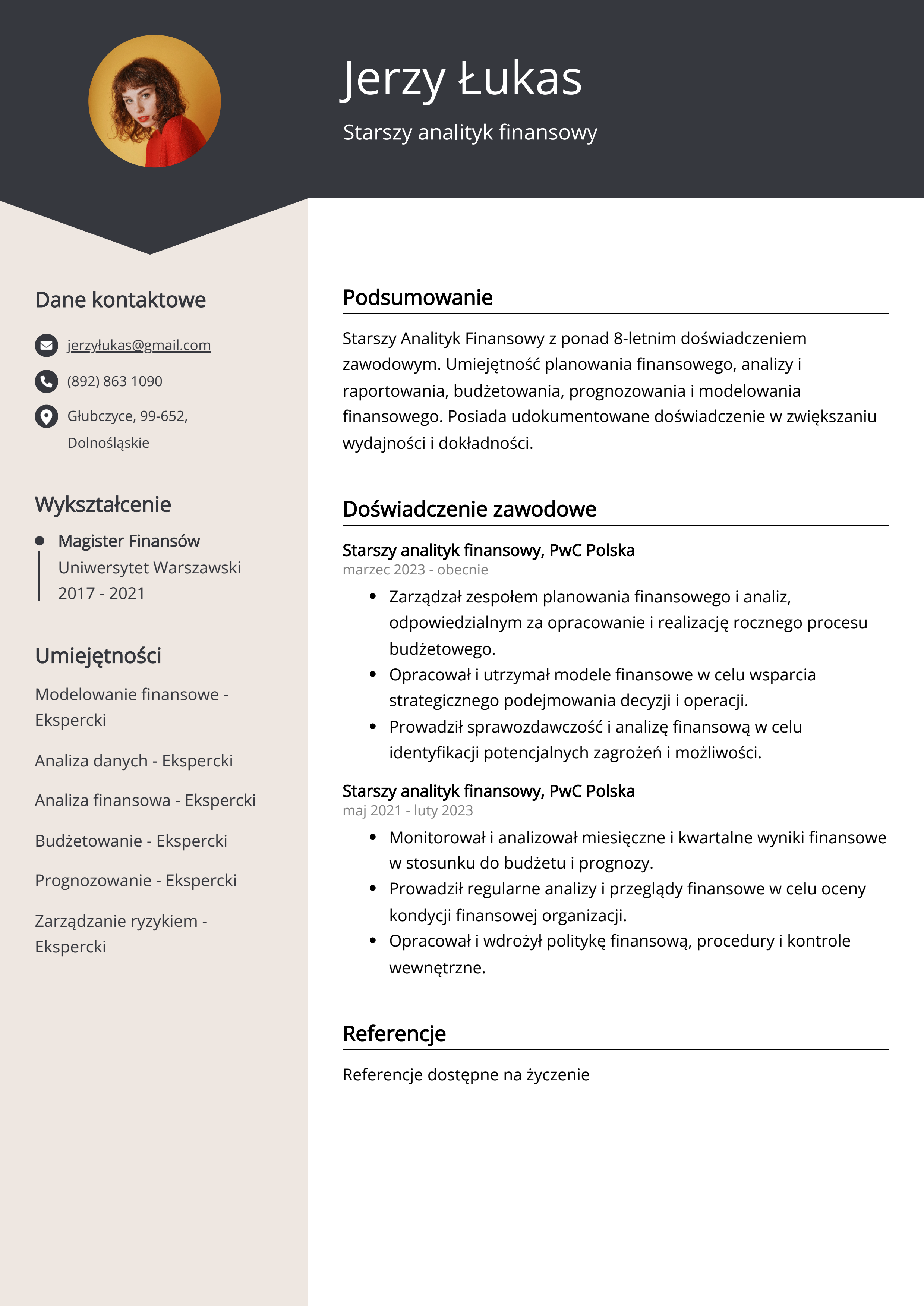 Starszy analityk finansowy Przykład CV