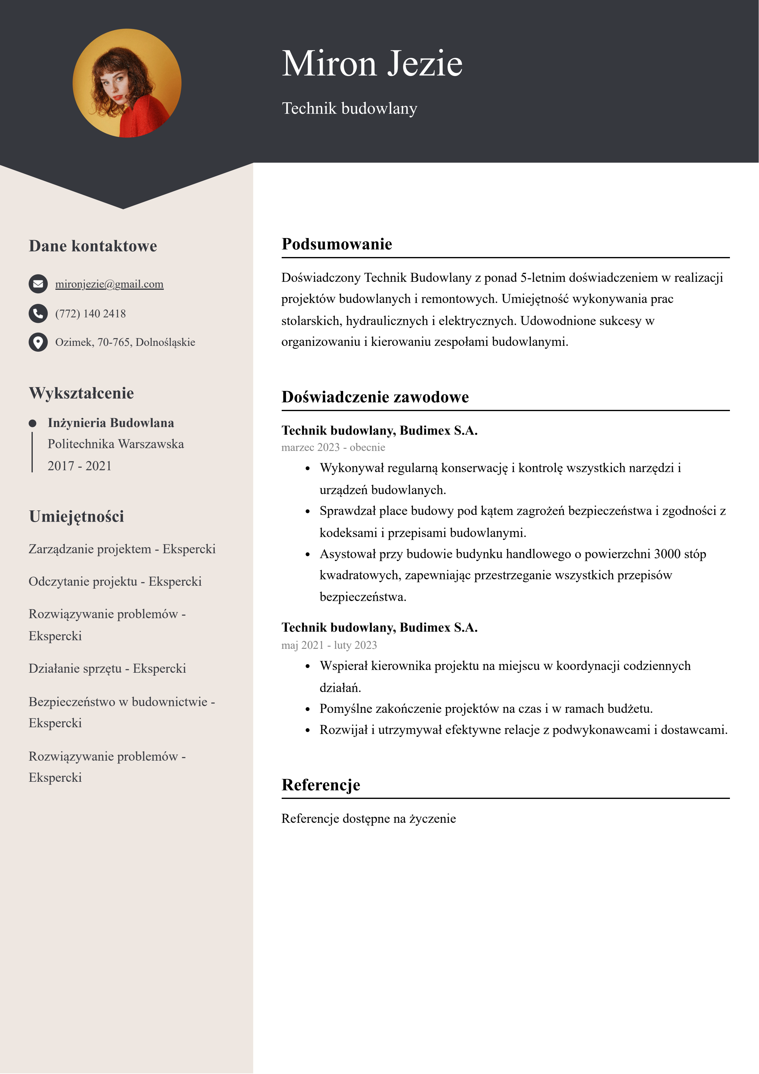 Technik budowlany Przykład CV