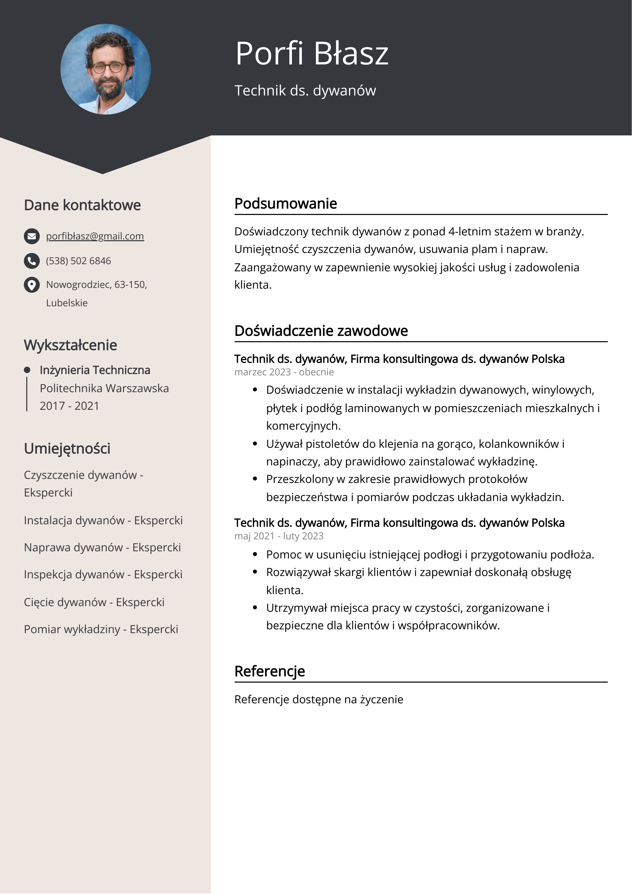 Technik ds. dywanów Przykład CV