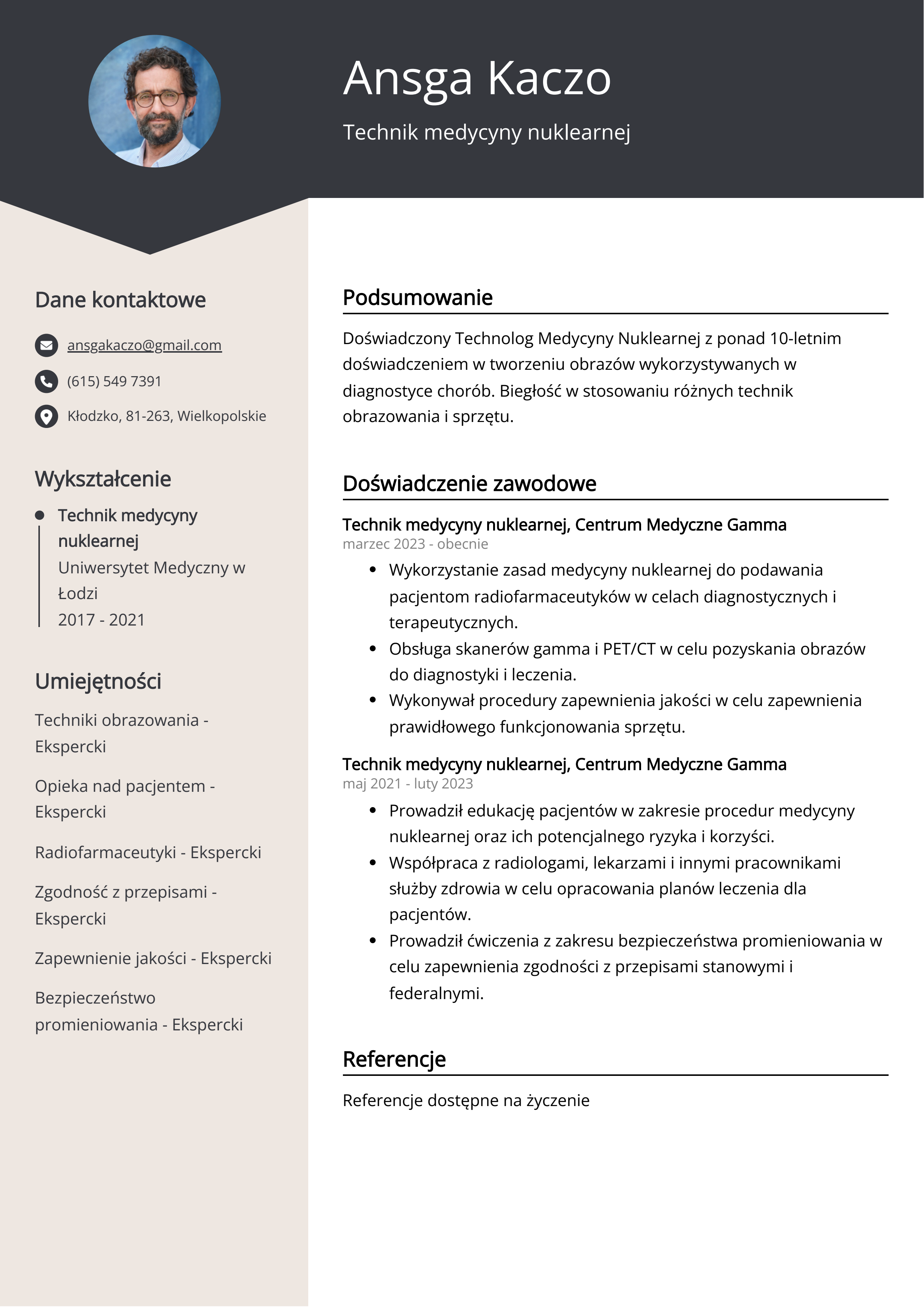 Technik medycyny nuklearnej Przykład CV