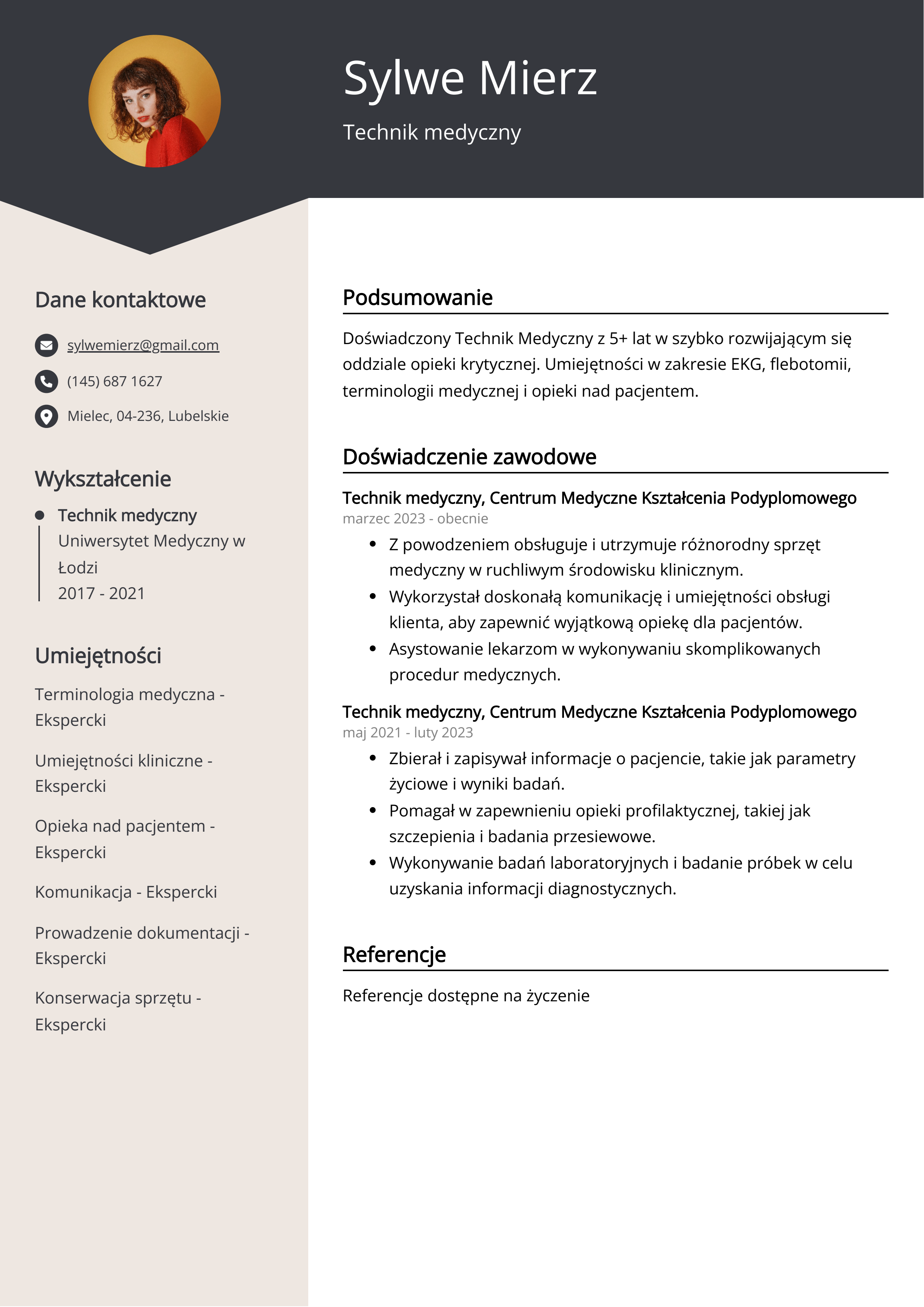 Technik medyczny Przykład CV