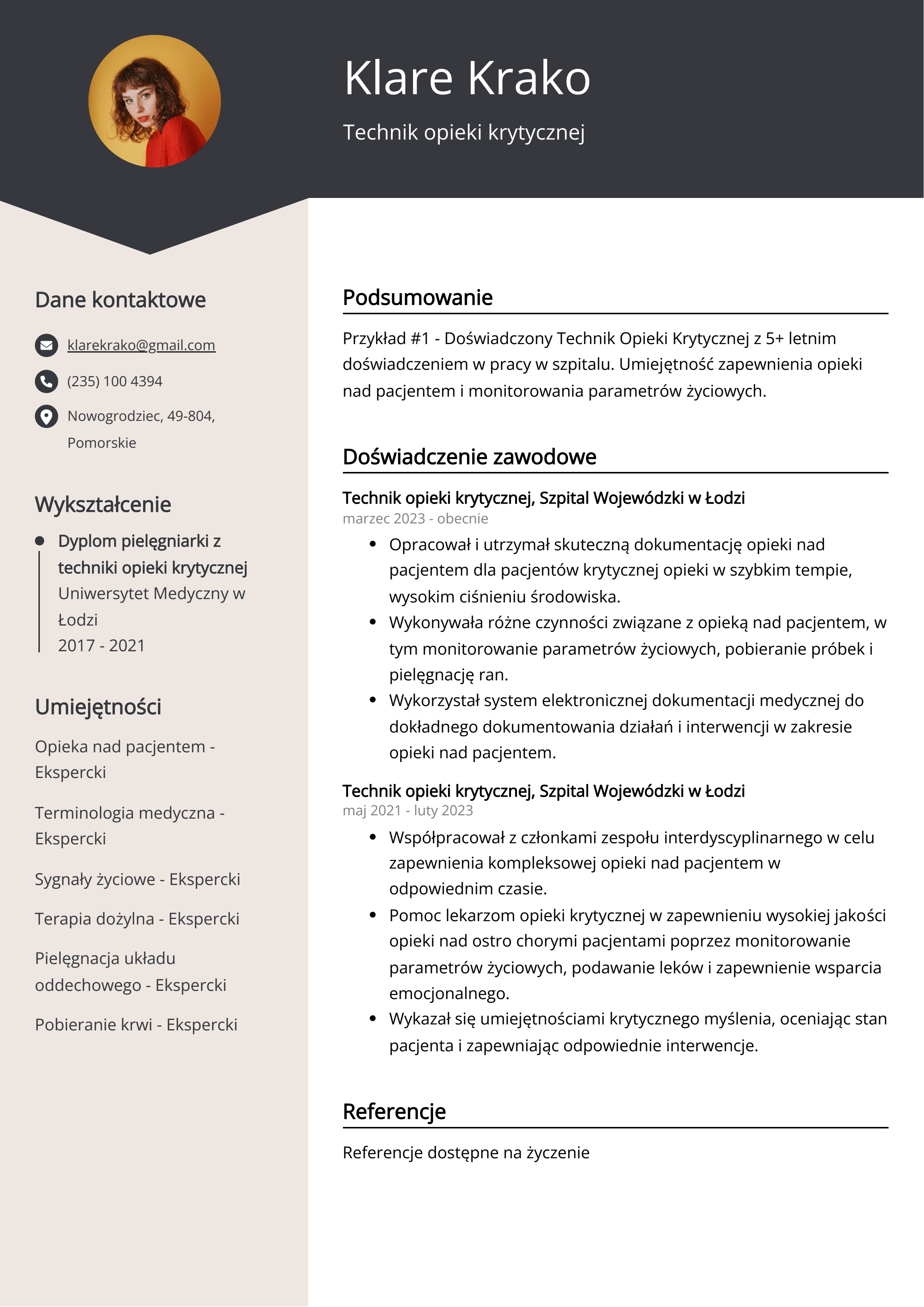 Technik opieki krytycznej Przykład CV