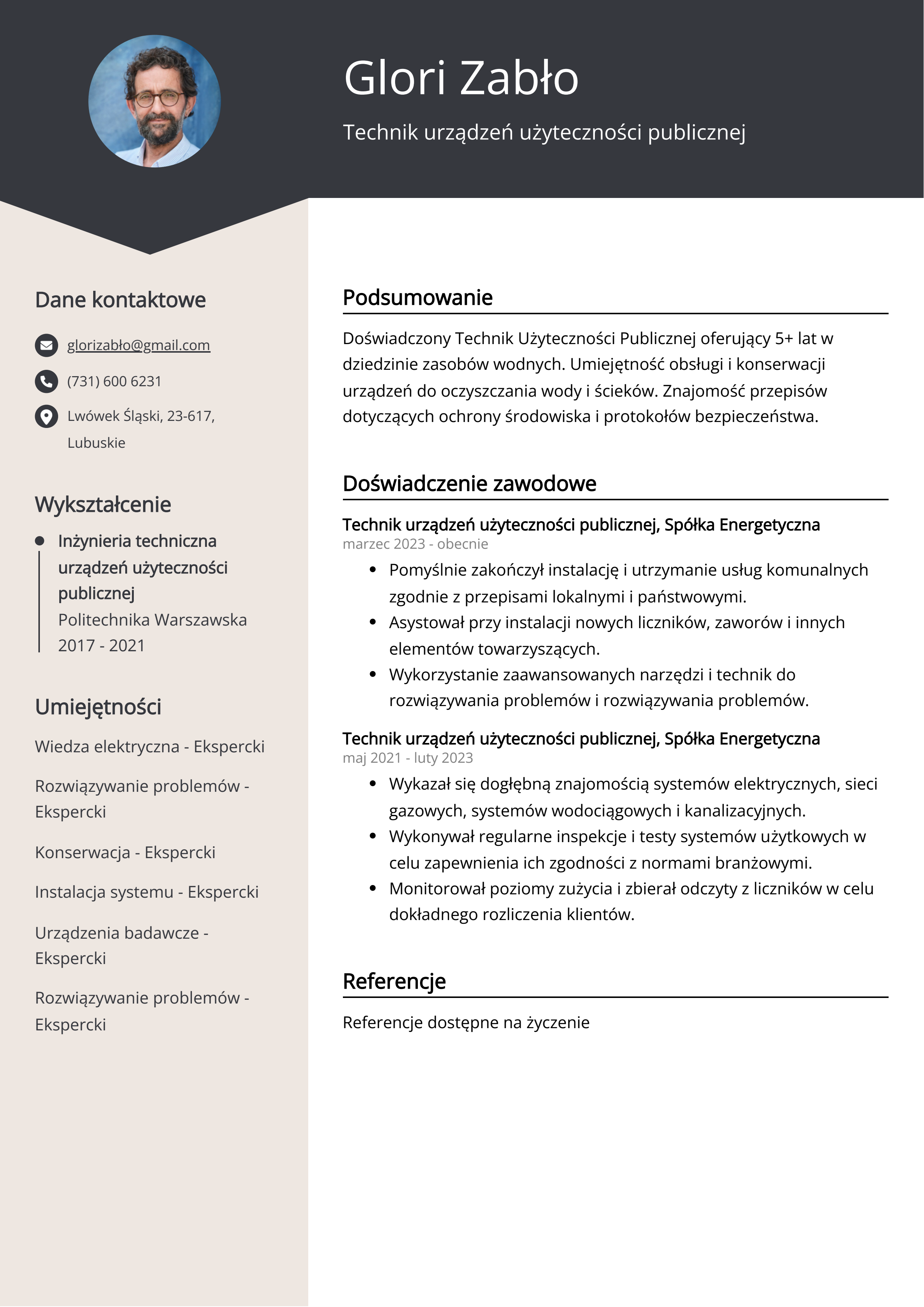 Technik urządzeń użyteczności publicznej Przykład CV