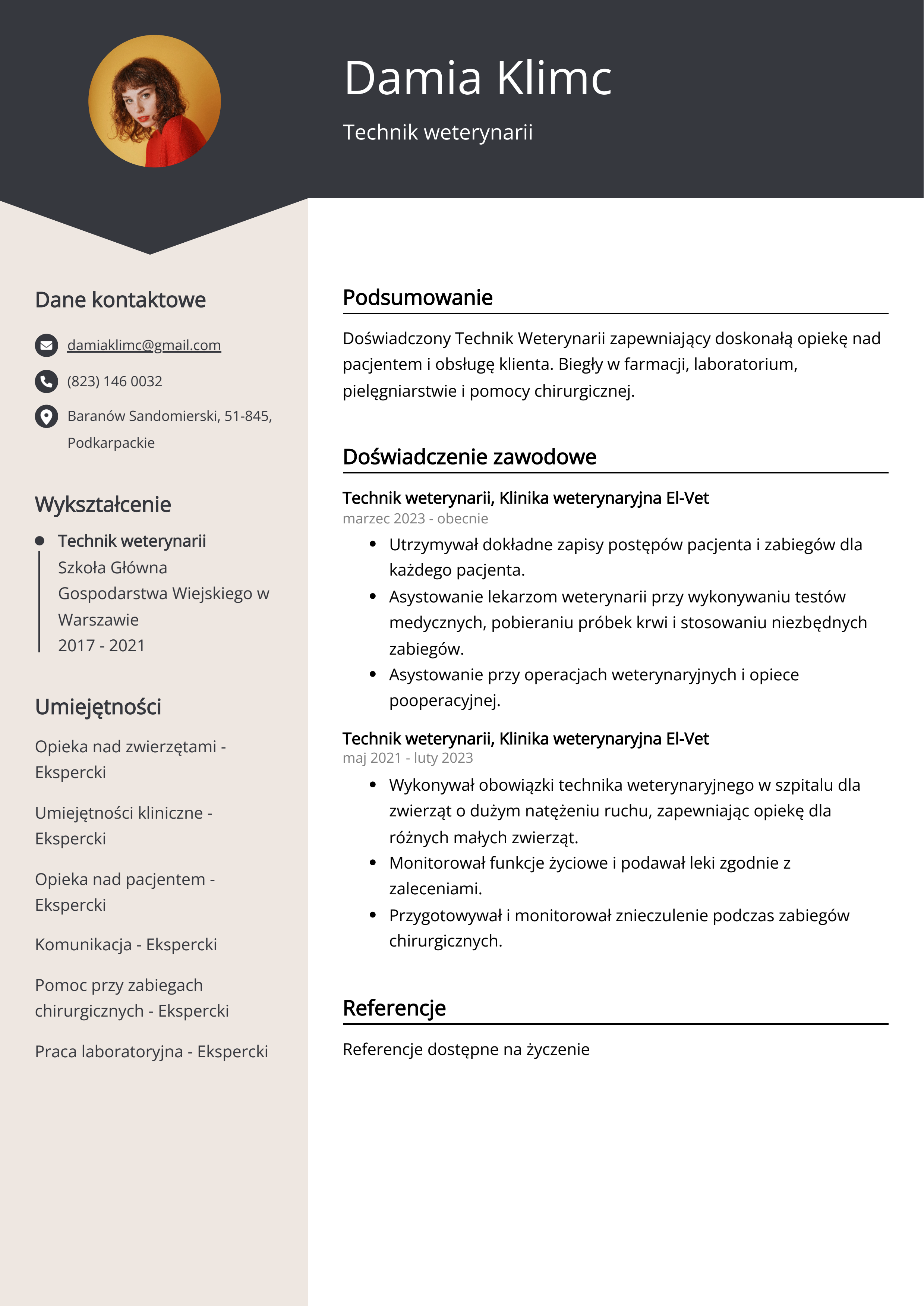 Technik weterynarii Przykład CV