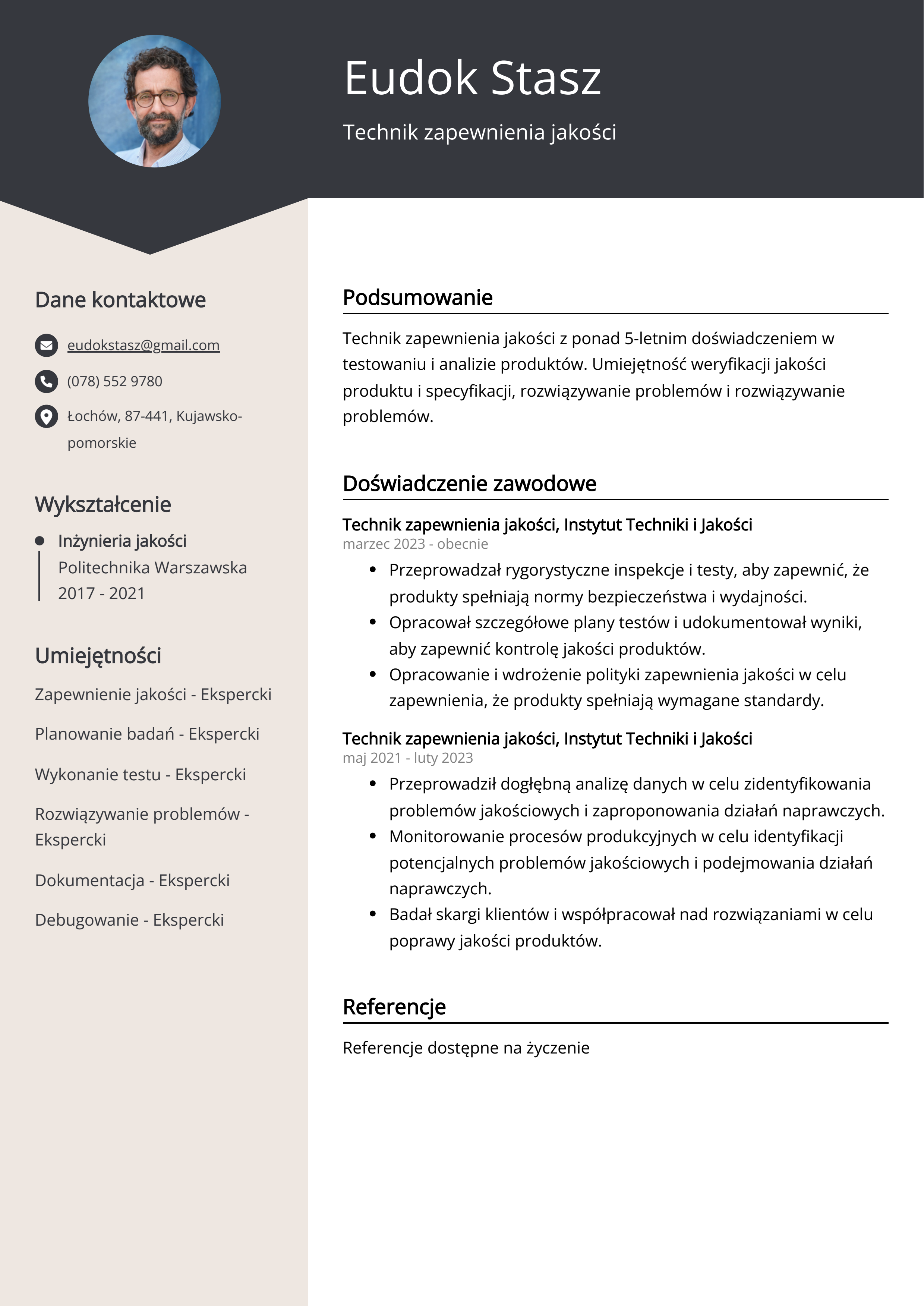 Technik zapewnienia jakości Przykład CV