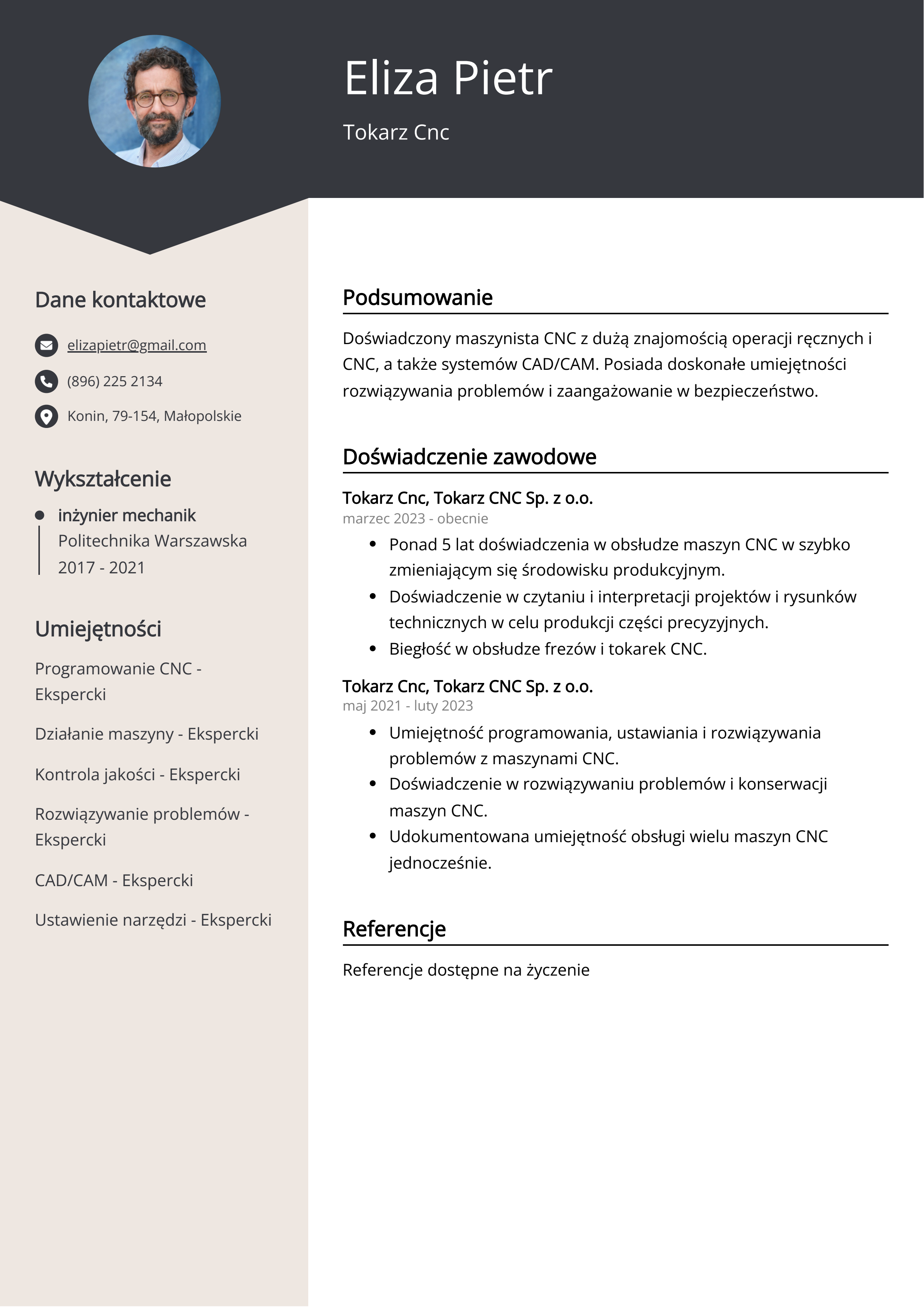 Przykład CV Tokarz Cnc