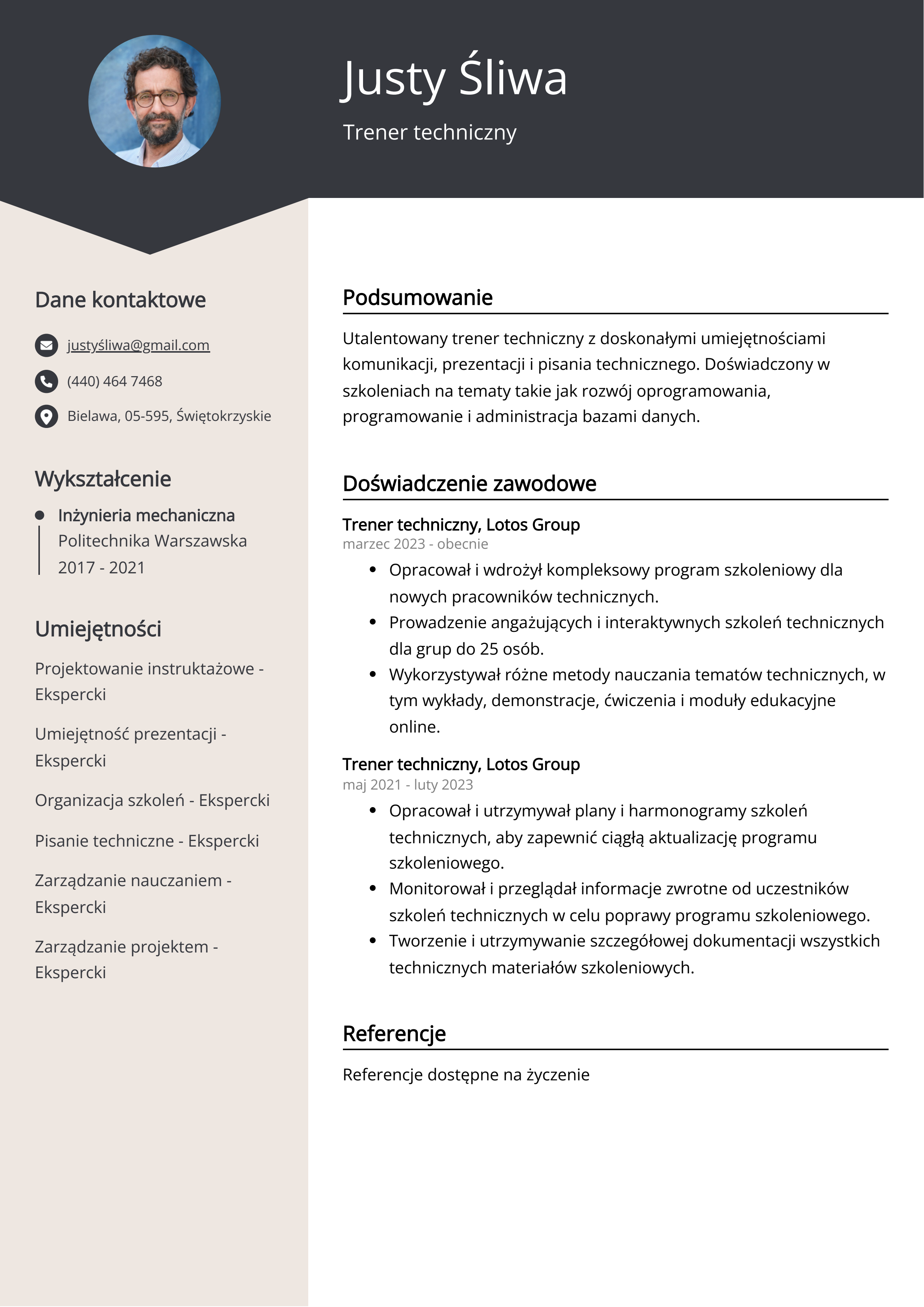 Trener techniczny Przykład CV