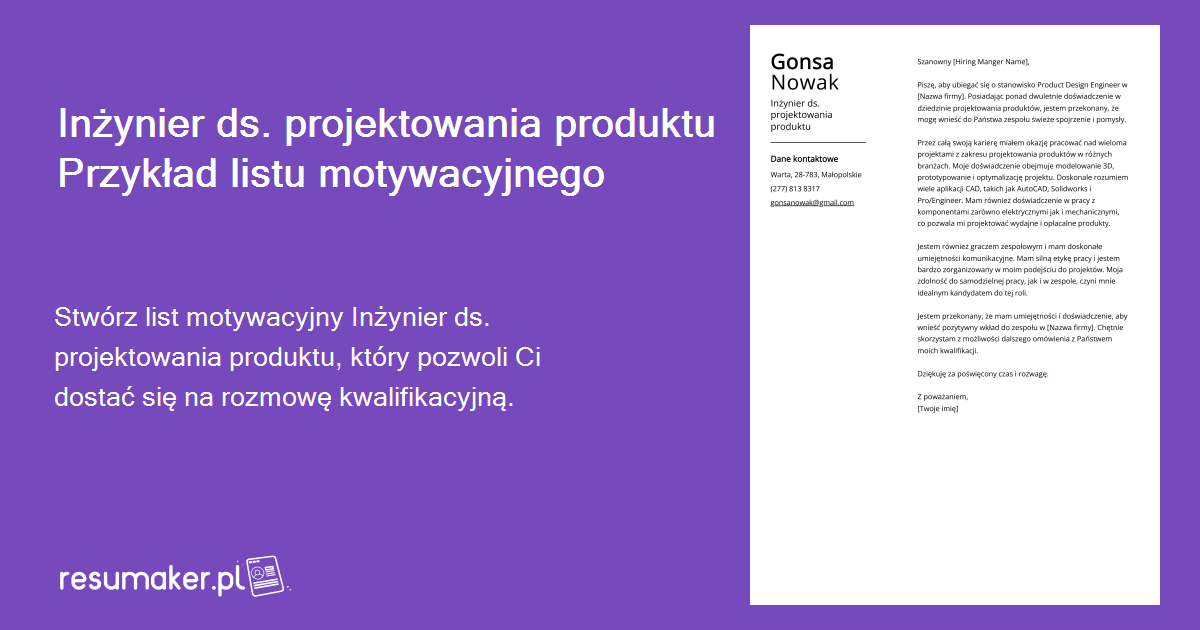 Przykłady listów motywacyjnych Inżynier ds. projektowania produktu